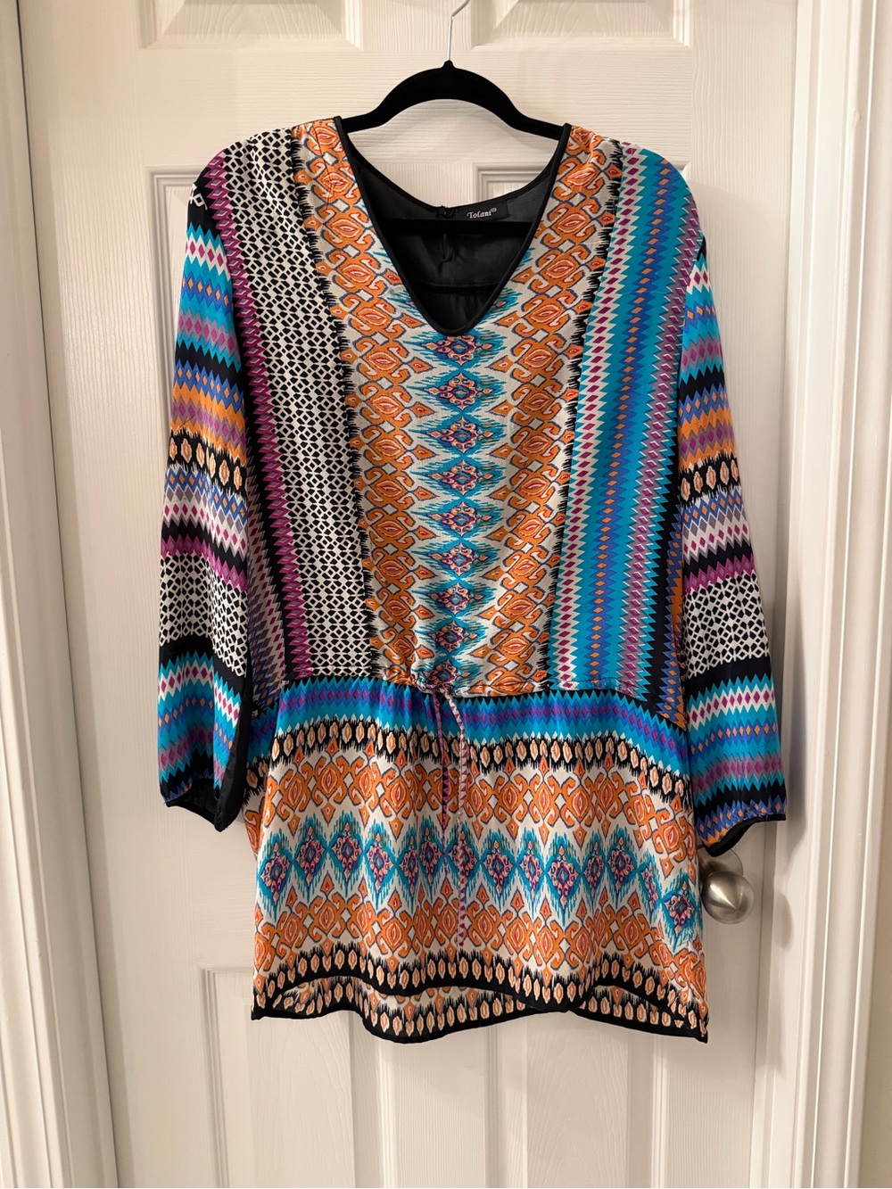 Tolani Multicolor Geometric V-Neck Tunic — Orange, Blue, Purple, Black, White